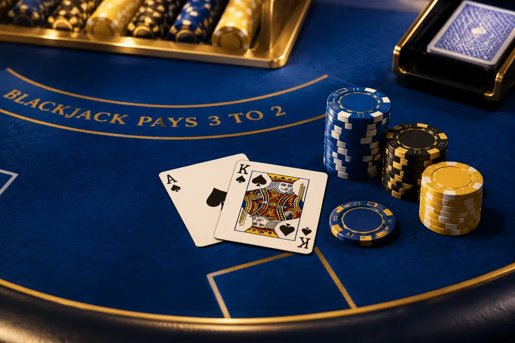 Dua kartu dan keping pada meja blackjack