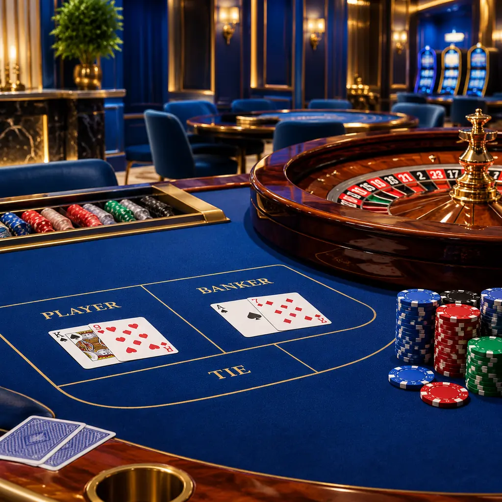Ruang kasino biru dengan meja bakarat dan roulette