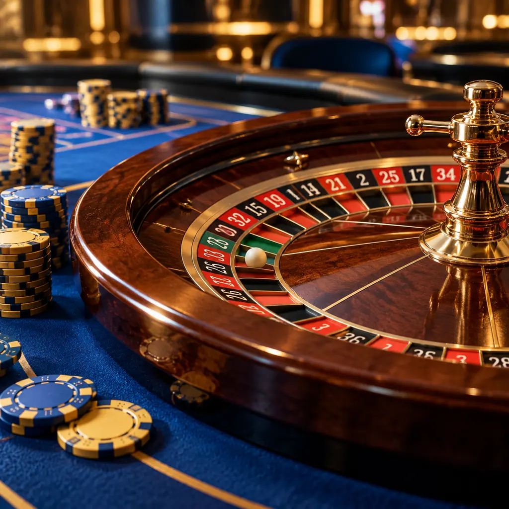 Roda roulette dengan keping di atas kain biru