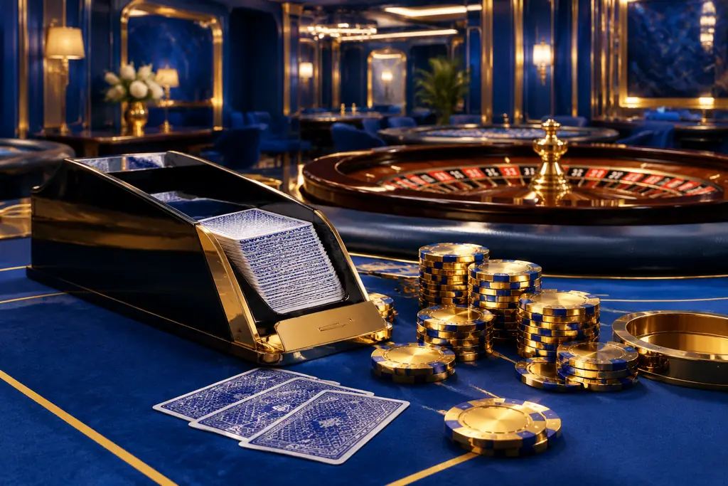 Sudut kasino biru dengan kartu, roulette dan keping