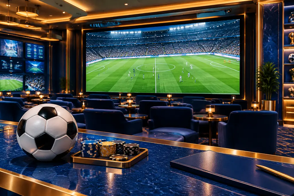 Layar sepak bola dan perlengkapan di area kasino